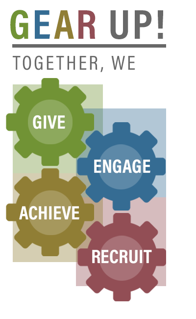 GEAR UP! Together we give, engage, achieve, recruit. Multicolored cogs working together.